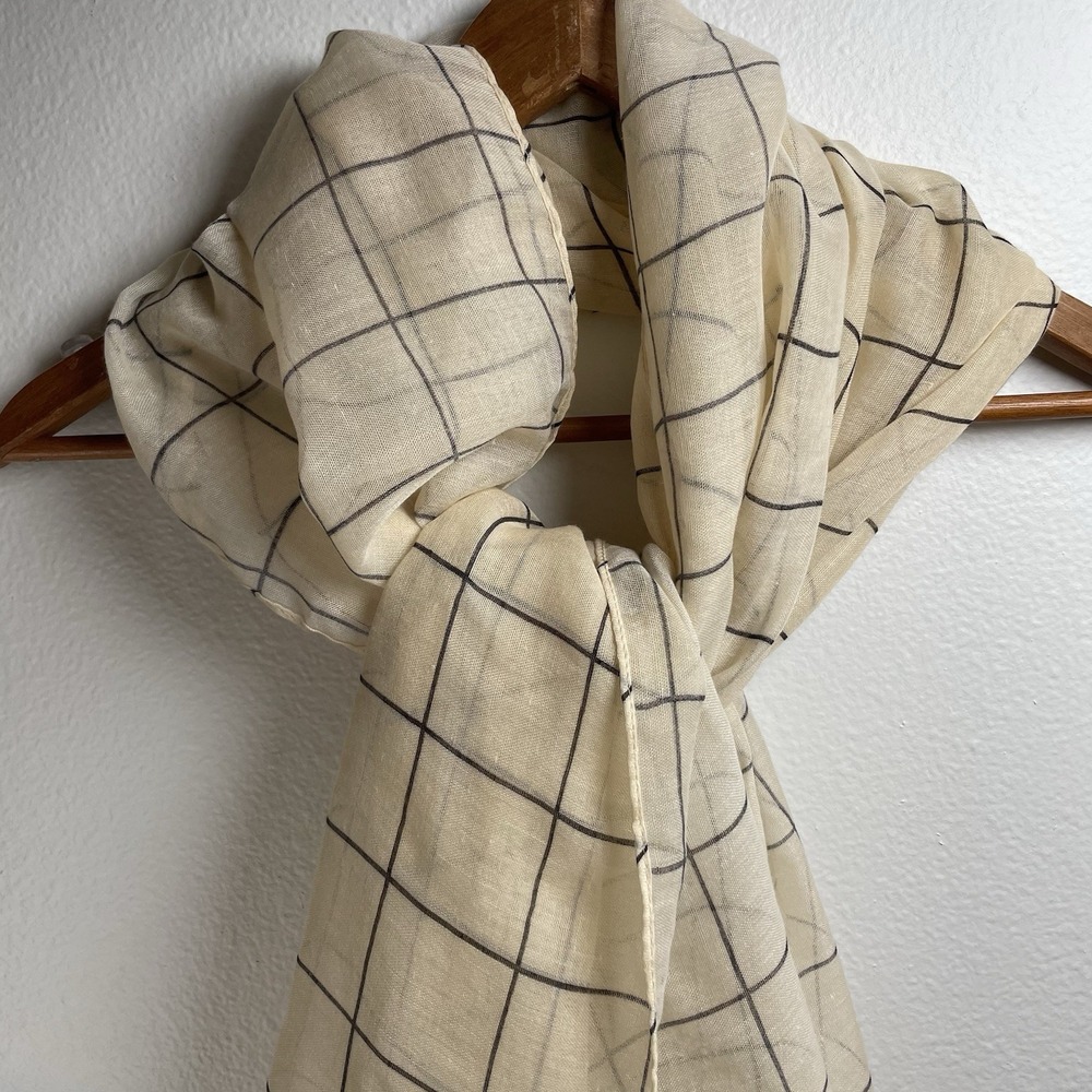 Rachel Pally Womens OS Beige Grid Scarf Minimalist Lightweight Polyester
